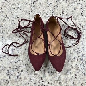Loft burgundy suede pointed toe lace up ballet flats
